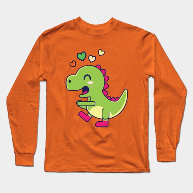 Kawaii Cute Dinosaur Cartoon valentine day Long Sleeve T-Shirt by Kawaii Bomb